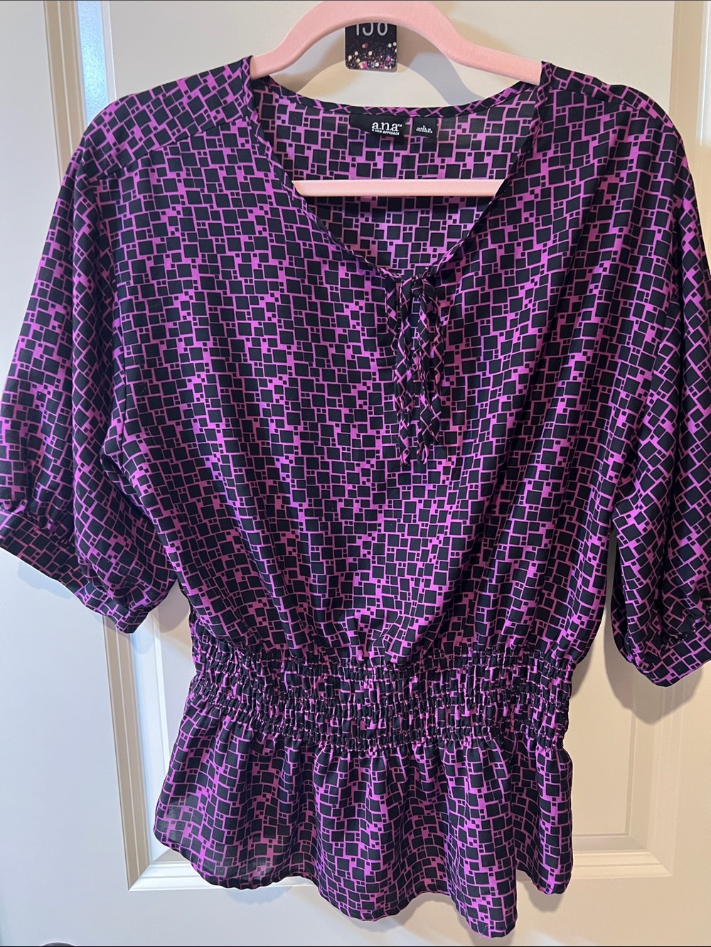 Anna Purple Geometric Smocked-Waist Blouse